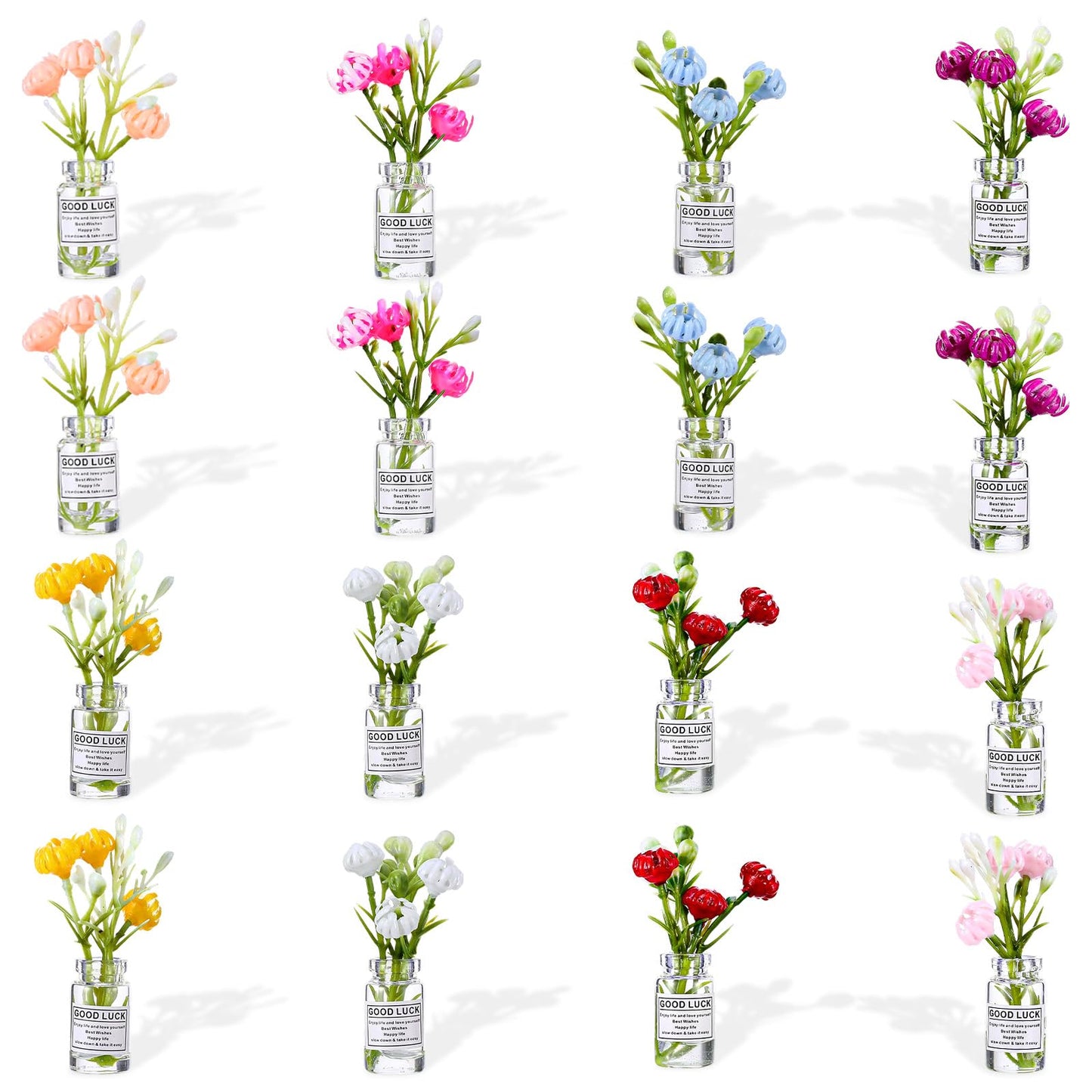 Elegaperma Pack of 16 Vases Decorative Small Mini Vases Set, 5 x 1.3 x 1.3 cm Resin Mini Vases Transparent for Kitchen, Living Room, Office, Shelves, Wedding in 8 Colours
