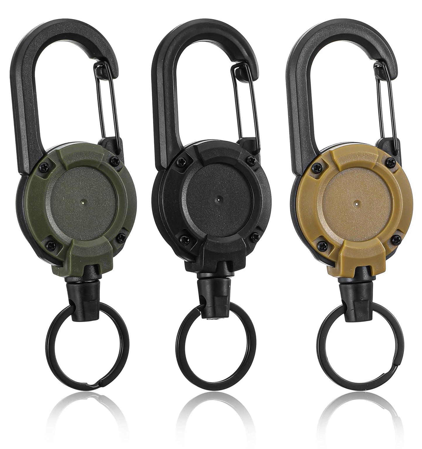 Heavy Duty Retractable Keychain, 3 Pack - Tactical ID Badge Reel with Key Ring, Outdoor Retractable Badge Holder for Work/Camping (Black, Dark Green, Khaki)