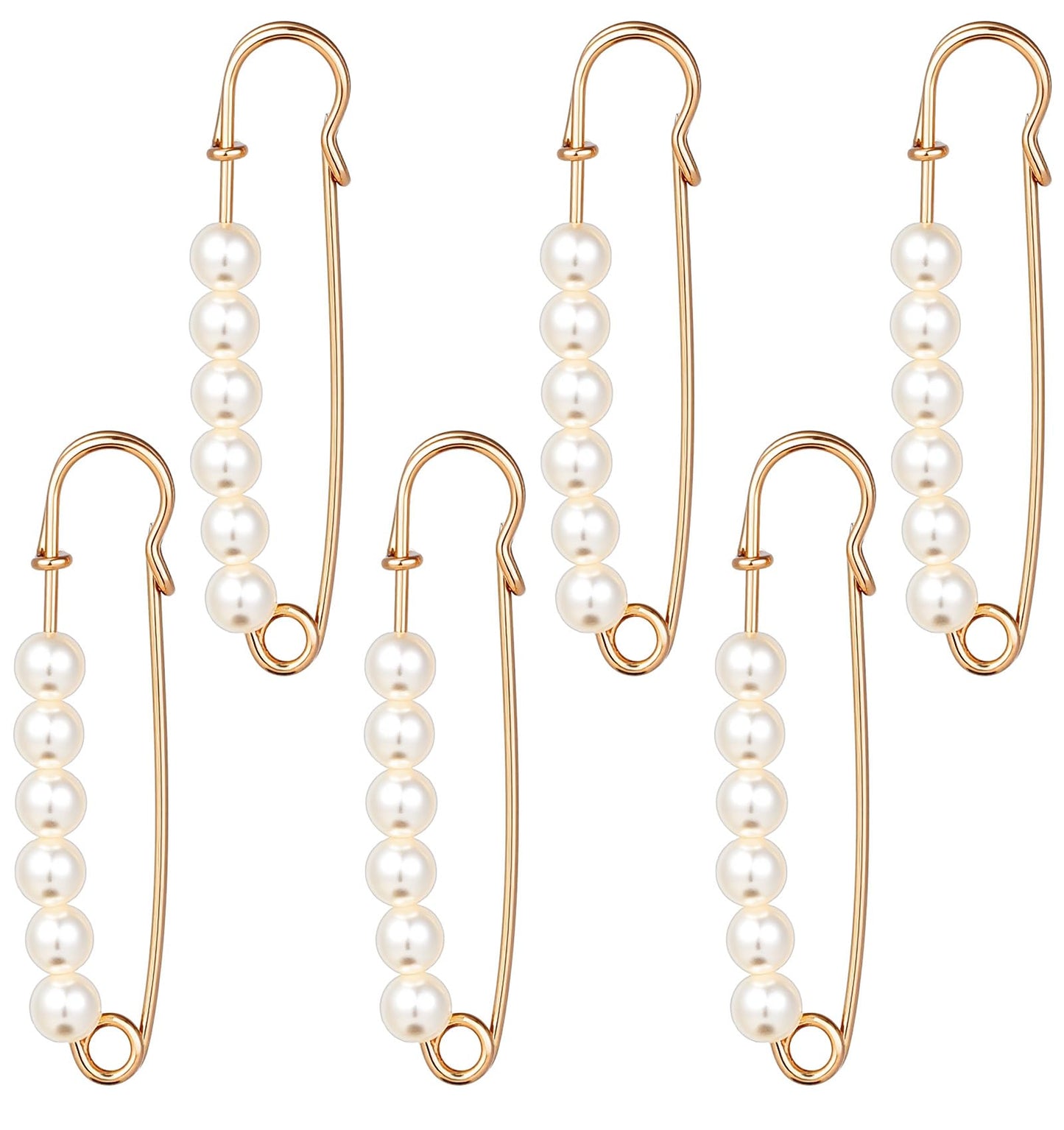 Decorative Safety Pins for Clothing, 6 Pcs Metal Pearl Pins for Shirts, Clothes Tighten, Women Girls (2.95 Inch, Gold)