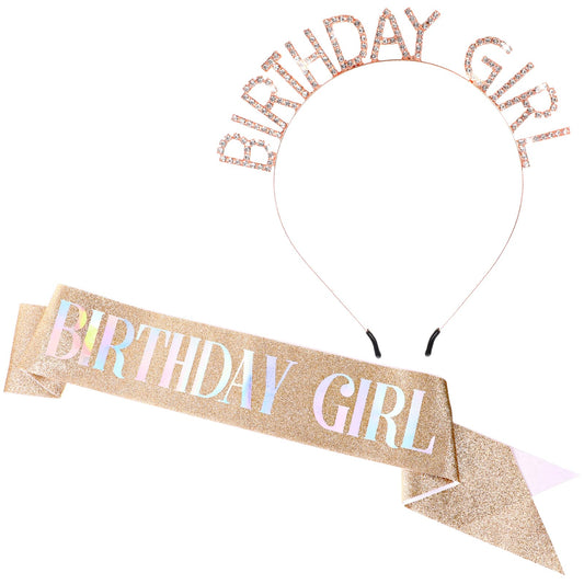 Oruola Birthday Girl Sash and Birthday Girl Headband,Birthday Girl Kit,63In Glitter Rose Gold Birthday Sash and Crown Rhinestone Headband Set,Happy Birthday Girl Princess Tiara Sash Accessories