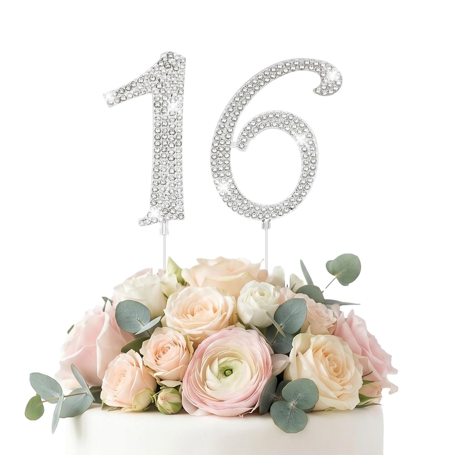Elegaperma 2Pcs 16 Cake Topper with Sparkly Rhinestone,Sweet 16 Cake Topper