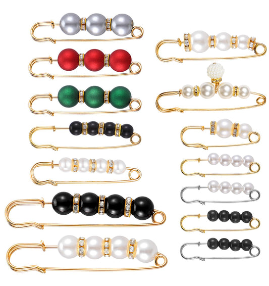 14 Pcs Brooch Pins, Scarf Pins for Women, Decorative Kilt Safety Pins with Pearls for Clothes, Pant, Waist Tightener, Collar, Jeans, Wedding Dress