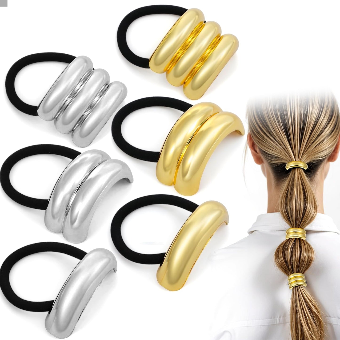 Classicseali Pack of 6 Hair Scrunchies Gold, Gold Ponytail Cuffs, Gold Hair Cuffs, Hair Cuff for Women and Girls, Thick, Thin, Curly, Fine Hair Accessories, Elegant and Durable