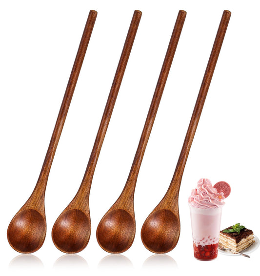 Wooden Honey Spoon, 4 Pcs 20 cm Long Spoon, Easy to Clean & Hold Long Teaspoons for Stirring Eating, Mixing, Tea, Coffee, Juice, Spice, Sauces, Kitchen Bar Restaurant (Brown)