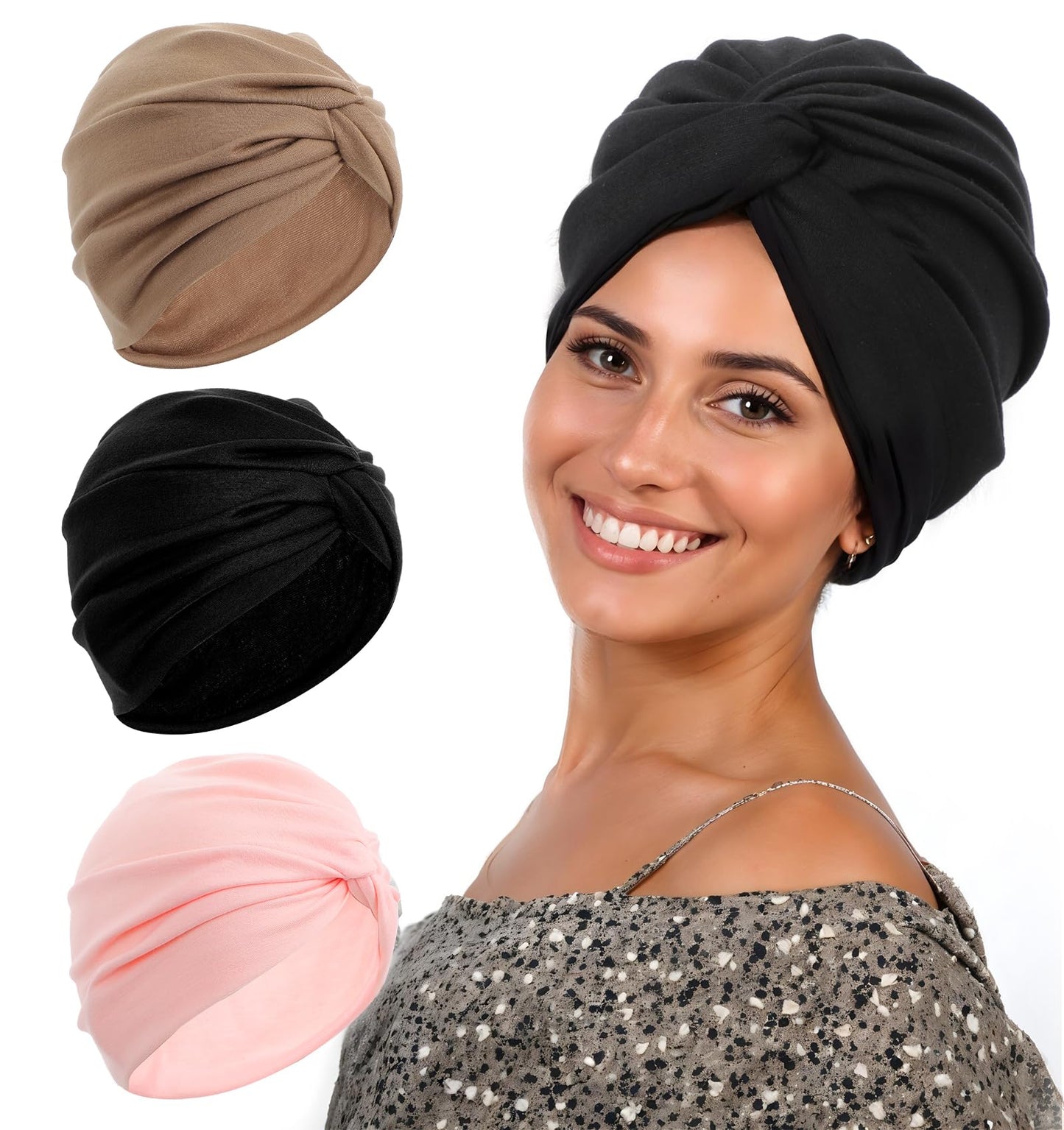 Hair Turbans for Women, 3 Pack Chemo Turbans for Women, Pre Tied Knot Head Wraps for Womens, Chemo Headwear, (Multi-Colored)