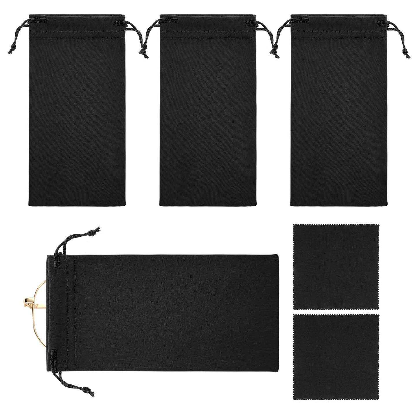 guduling Pack of 4 Soft Glasses Case, Sunglasses, Glasses Bag with 2 Glasses Cleaning Cloths for Men and Men, Drawstring Bag, Easy to Clean Glasses Bag, Glasses Case, Black