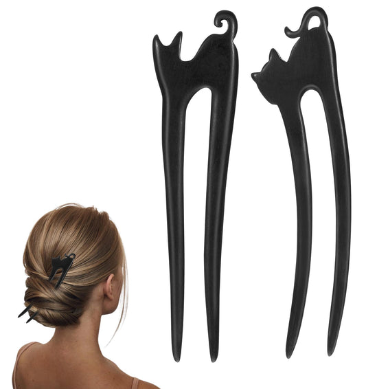 2 Pack Hair Fork, Wooden French Hair Pin with Cute Cat-shape for Thick Long Hairstyle, Easy Updo & Chignon Bun for Women (Black)