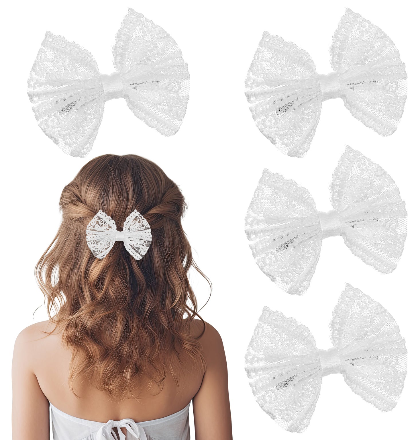 White Hair Bow, 3Pcs Cute Lace Bow with Alligator Clips for Flower Girl Accessories Wedding Hairpins Party Dress Decor, 3 Inch
