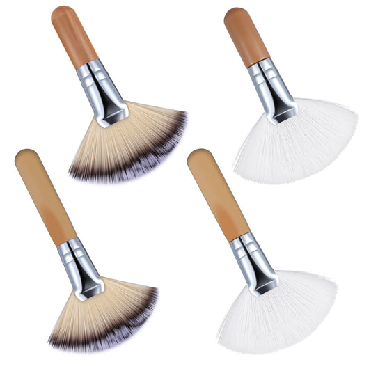 Classicseali 4PCS Facial Brushes, Soft Fan Brush Makeup,Long and Short Handle Loose Powder Contour Setting Facial Fans Brush, for Female Blush, Highlights, Shadows, Eyeshadow