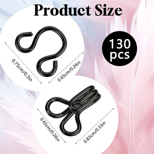 130 Set Black Hook and Eye Fastenings for Clothes, Metal Closure Fasteners, Replacement for Bra Clothing Trousers Skirt DIY Craft Sewing Supplies