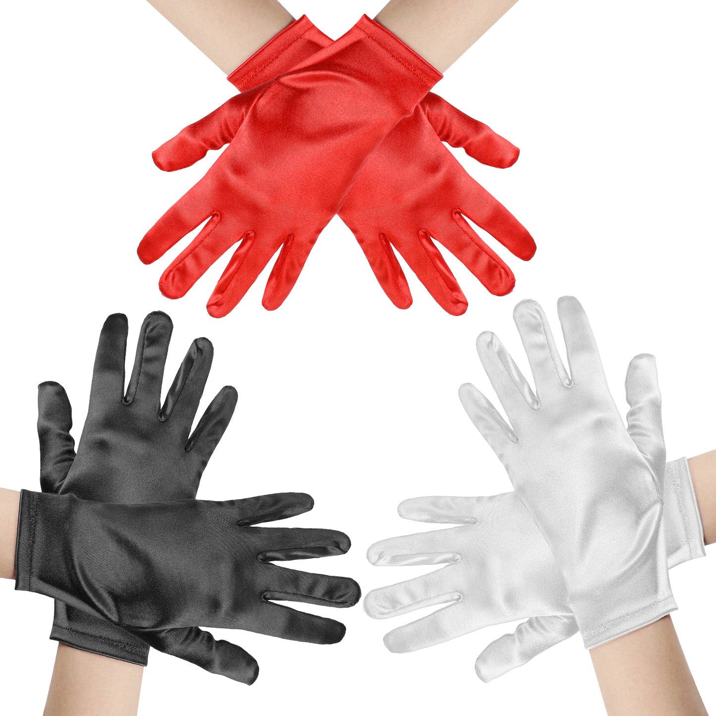 oruola 3 Pairs silk gloves,Black White Red Short Satin Gloves,white gloves fancy dress,Silk Glove Liners,Black Gloves Women for Party Dance Wedding Banquet, 8.66 inches Wrist Length,3 Colors