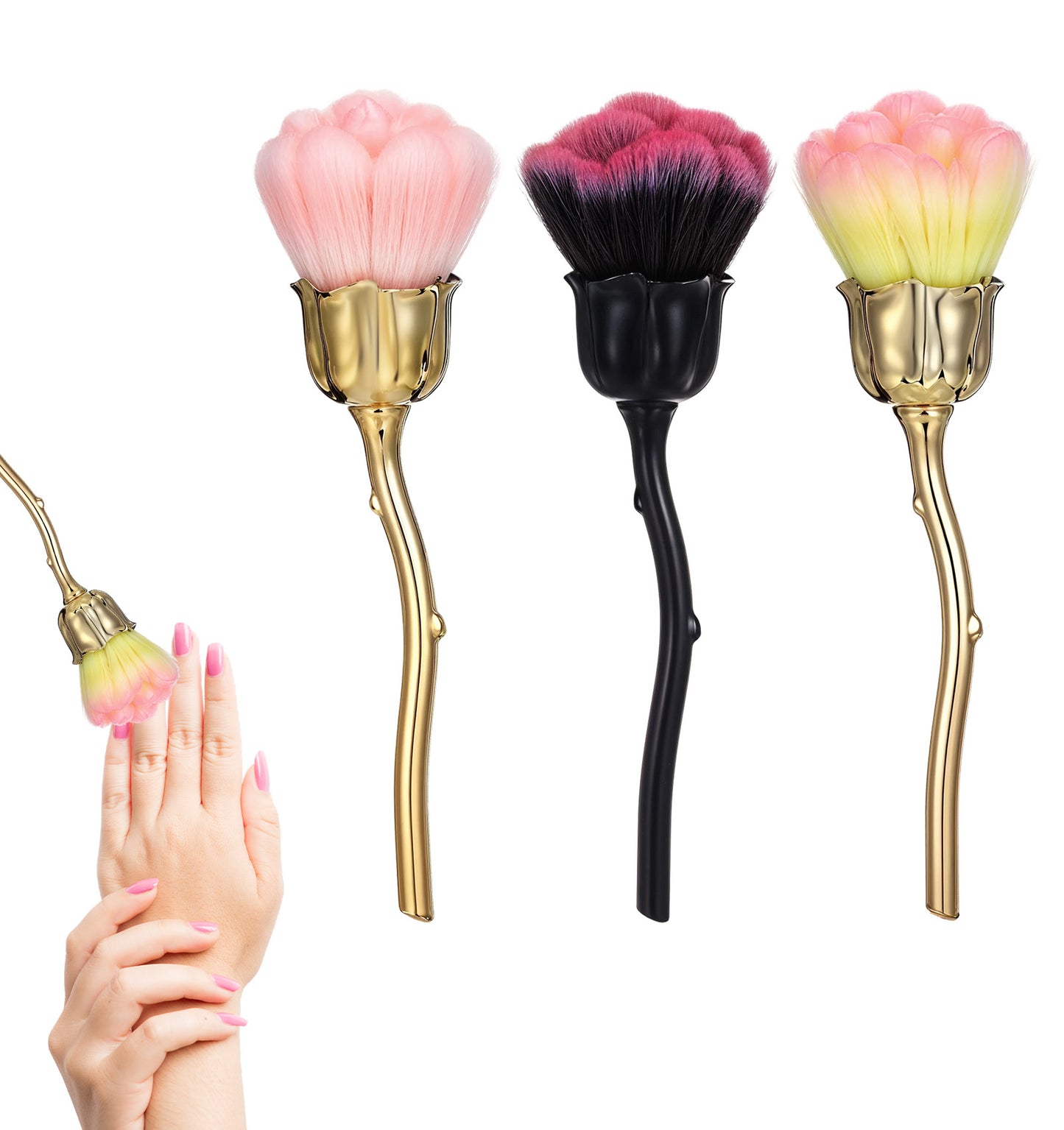Nail Dust Brush, 3 Pcs Ultra Soft Nylon Nail Dusting Brush for Nails Art, Rose Shape Dust Cleaner Tools, Perfect for Makeup & Dusting Nails