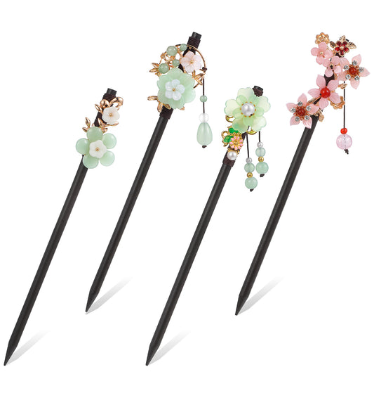 Chinese Hair Pin, 4 Pack 18.5 cm Hair Sticks, Hairs Chopsticks with with Flower Bead Pendants & Vintage Tassel for Women Girls Styling, (Multi-colored)