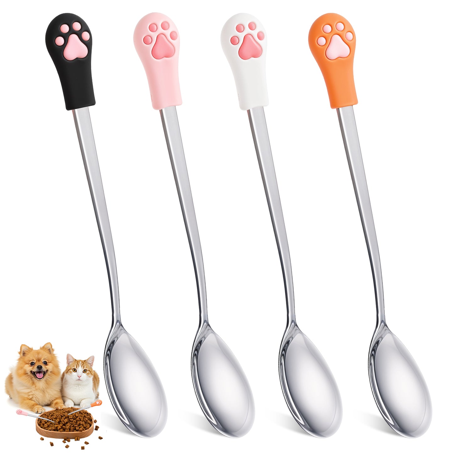 oruola 4pcs Cat Spoons for Wet Food, Dog Food Fork with 5.9 In Long Handle, Stainless Steel Cute Silicone Cats Claw Mixing Spoon for Dog and Cat Foods Can(White Black Pink Orange)