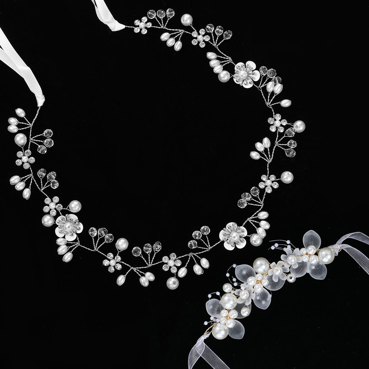 Oruola Flower Crown for Girls,Flower Girl Headpiece and Bracelets,Wedding Headpiece for Bride with Wrist Corsage,Pearls Rhinestone Headband Princess Hair Accessories for Birthday Party Wedding