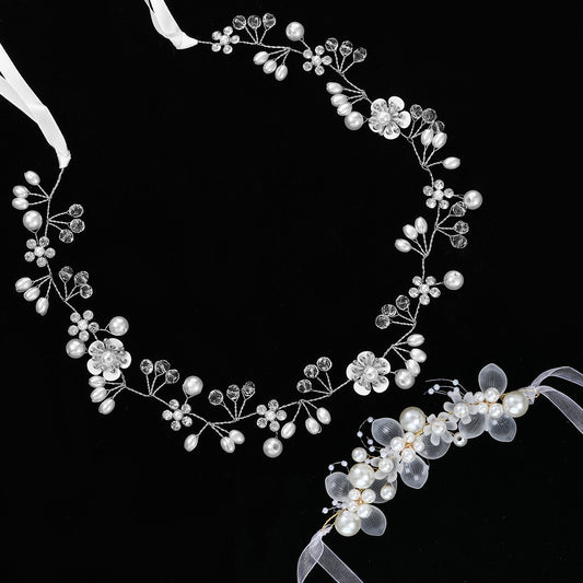 Oruola Flower Crown for Girls,Flower Girl Headpiece and Bracelets,Wedding Headpiece for Bride with Wrist Corsage,Pearls Rhinestone Headband Princess Hair Accessories for Birthday Party Wedding