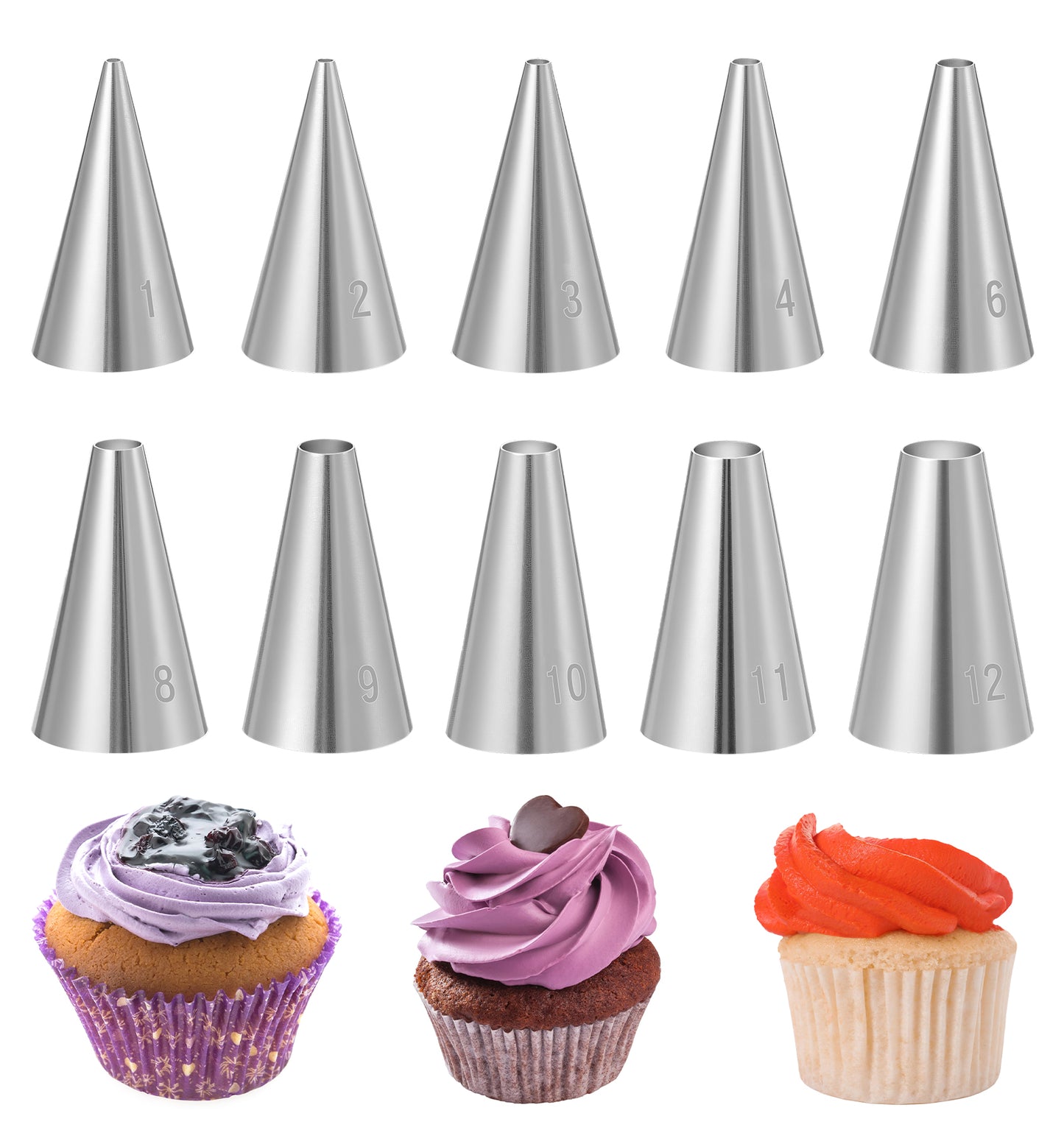 10 Pcs Piping Tips, Cake Tips Set, Stainless Steel Icing Nozzles for Baking, Decorating Cookies, Cupcakes & Doughnuts (Graduated Sizes)
