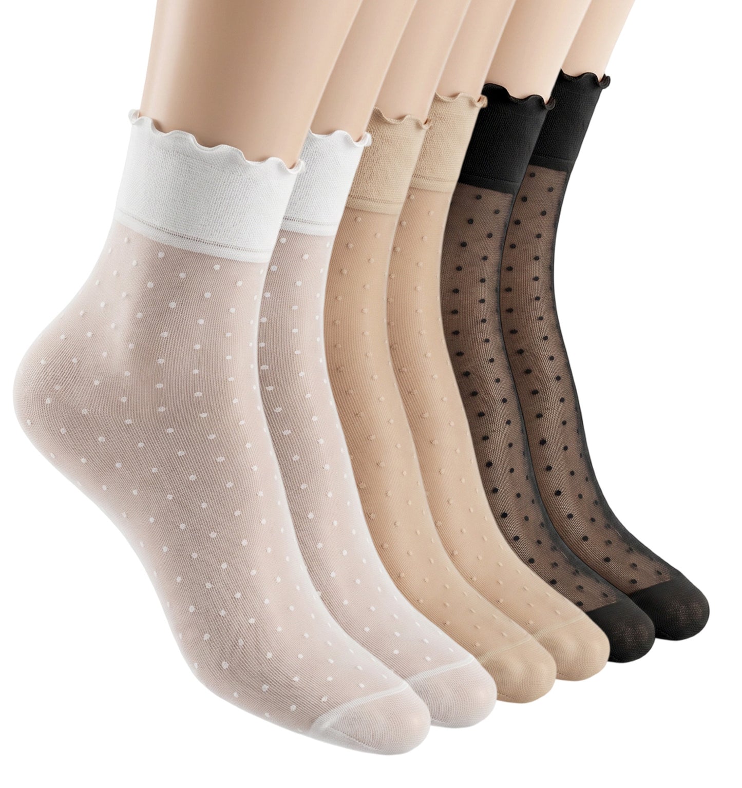 FRCTLNKG 6 Pairs Pop Socks Women Ankle, Sheer Socks Nylon Sheer Ruffle Sock See Through Thin Lace Stockings, Patterned Polka Dots for Women