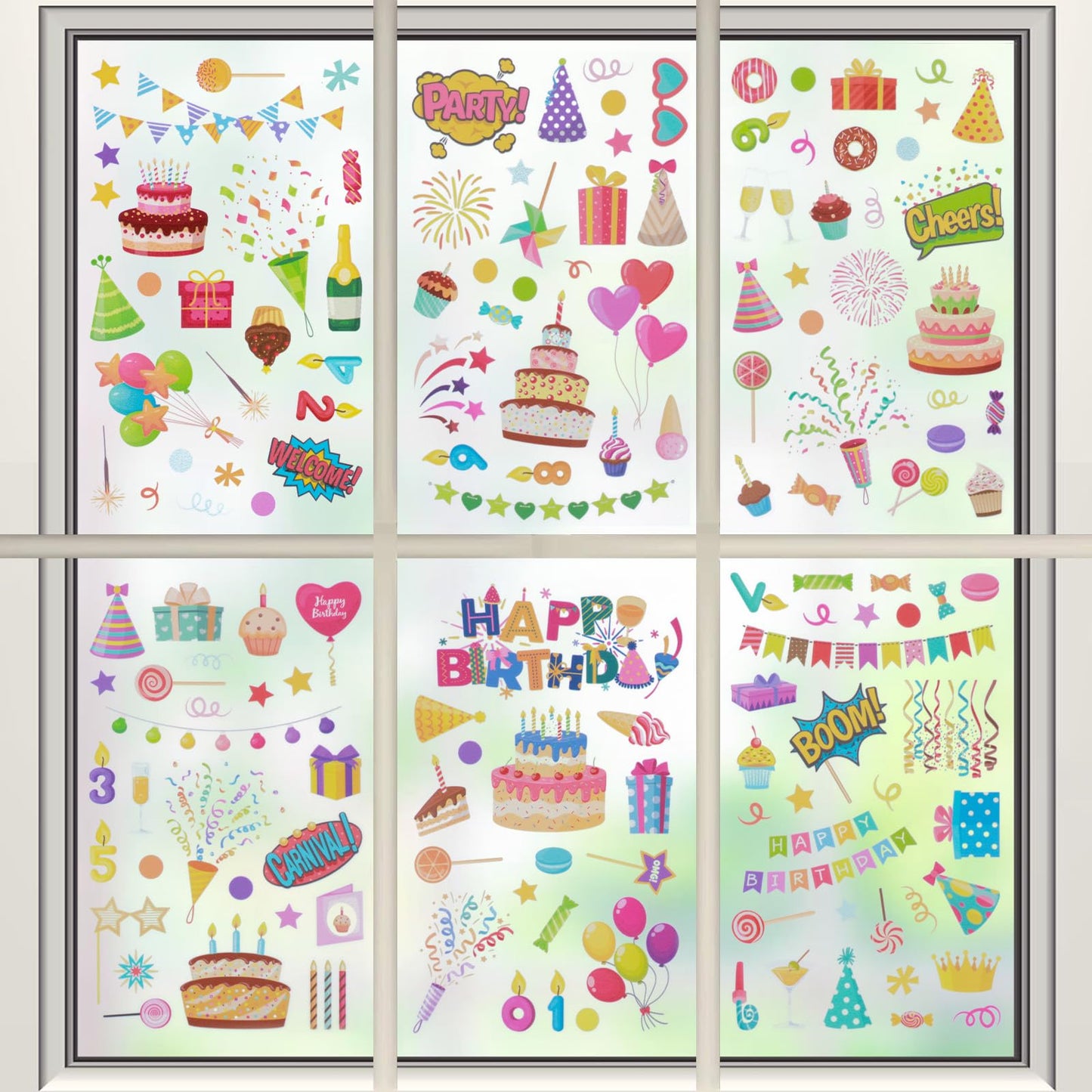 Elegaperma 6 Sheets of Window Stickers Birthday Window Stickers Self-Adhesive Birthday Window Stickers Children for Party Decoration and Celebrations