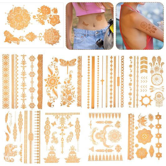 Oruola 9 Sheets Gold Temporary Tattoos,80+ Designs Tattoos,Flash Gold Tattoos Temporary Women Adult,Flowers Butterfly Glitter Tattoo for Festival Vacation Makeup Rave,Waterproof, Realistic Last Long
