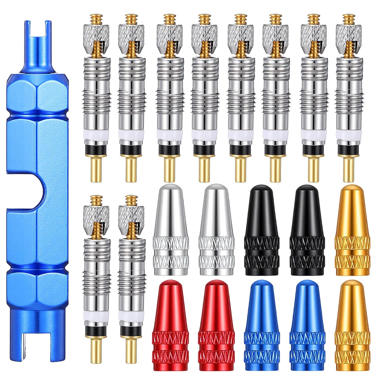 Classicseali 21pcs Presta Valve Core, Zinc Alloy Bicycle Stem Caps, Including a Valve Stem Removal Tool, Valves Cores, and Bicycle Valves Cap for Bicycles Tire Replacements