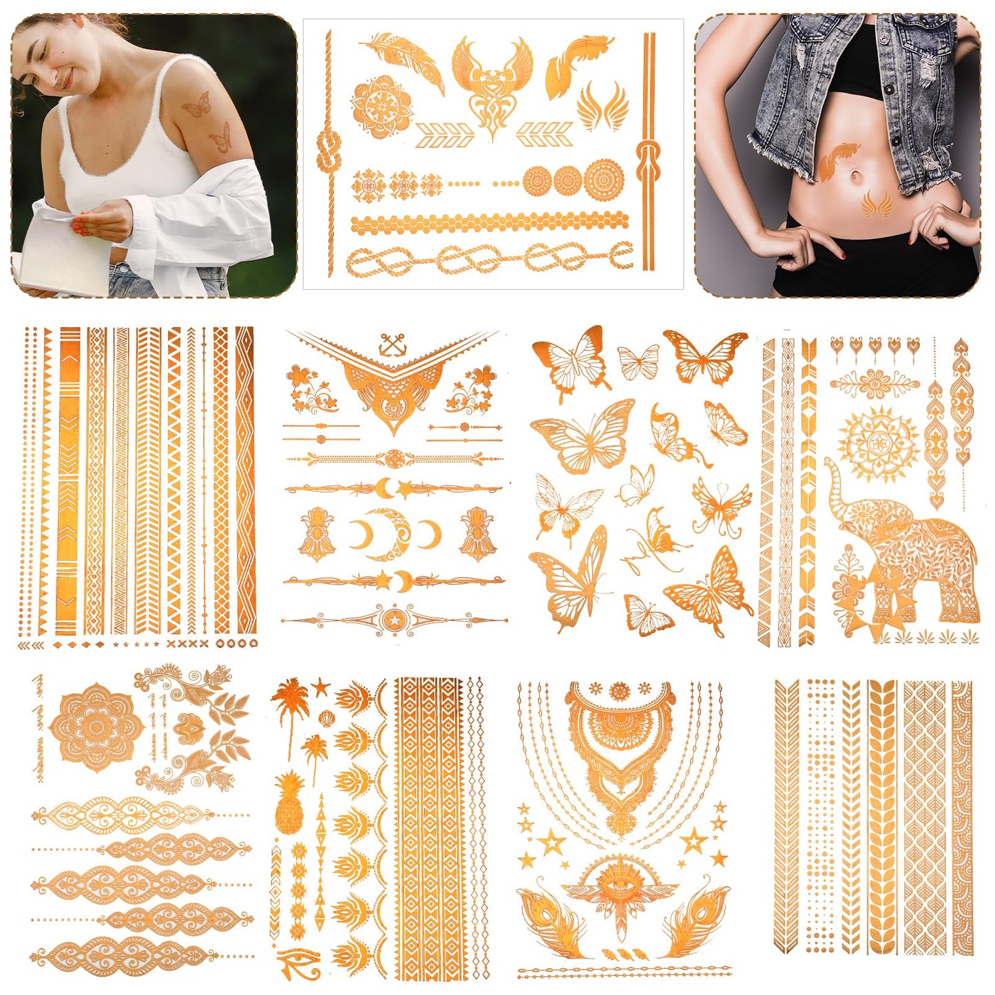 Oruola 9 Sheets Gold Temporary Tattoos,90+ Designs Tattoos,Flash Gold Tattoos Temporary Women Adult,Butterfly Elephant Glitter Tattoo for Festival Vacation Makeup Rave,Waterproof, Realistic Last Long