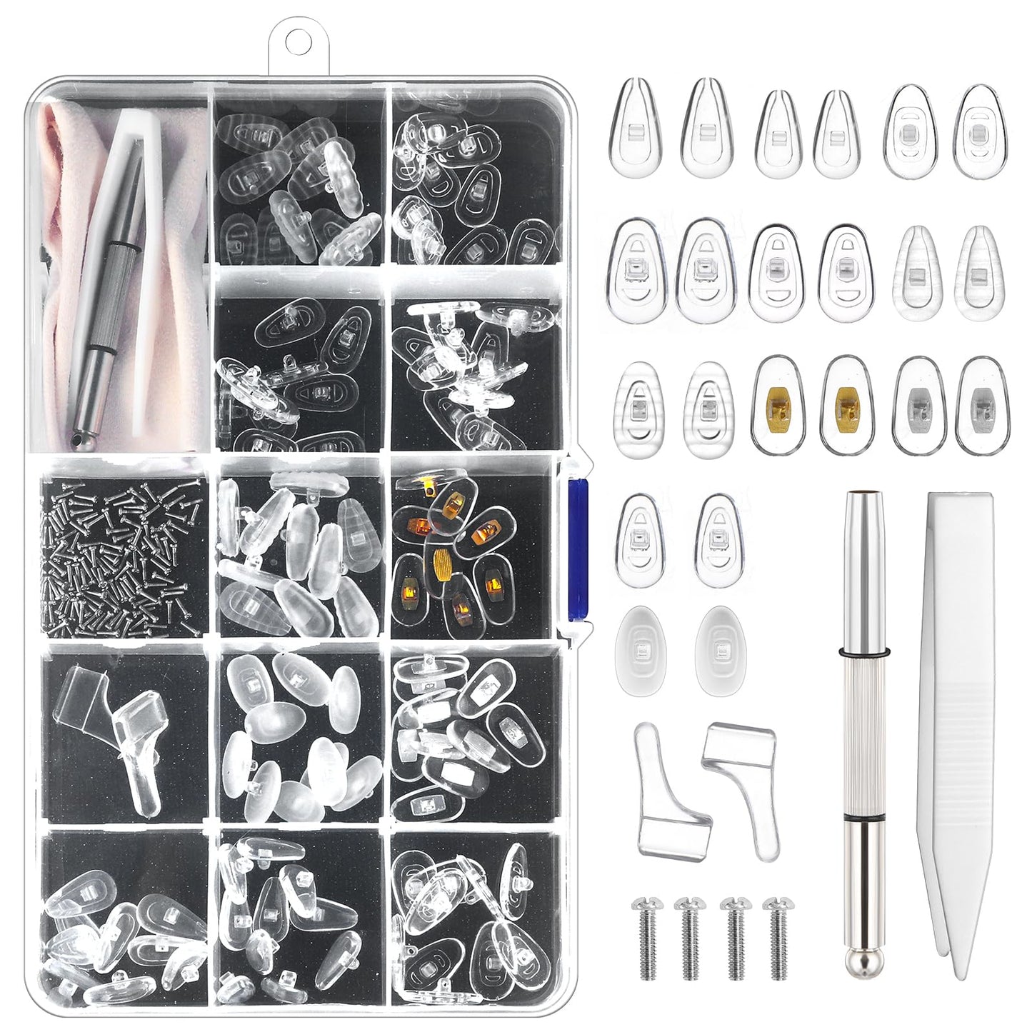 Oruola 55 Pairs Glasses Nose Grips Non Slip,5 Pairs Each of 11 Models Silicone Nose Pads for Glasses and Sunglasses Eyeglass,Eye Glass Repairing Kit with Eyeglass Cloth Screwdriver Tweezers Screws
