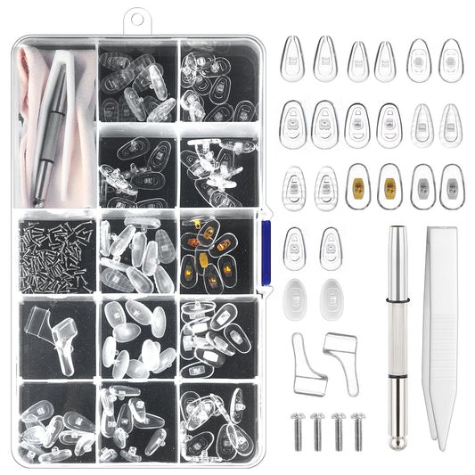 Oruola 55 Pairs Glasses Nose Grips Non Slip,5 Pairs Each of 11 Models Silicone Nose Pads for Glasses and Sunglasses Eyeglass,Eye Glass Repairing Kit with Eyeglass Cloth Screwdriver Tweezers Screws