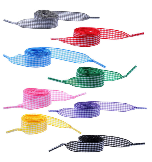 ValueBargain Ribbon Laces, 8 Pairs 1.5 cm Wide Gingham Checkered Rainbow Laces for Women, Men, Sneakers Sports Shoes (8 Colors, 120 cm)