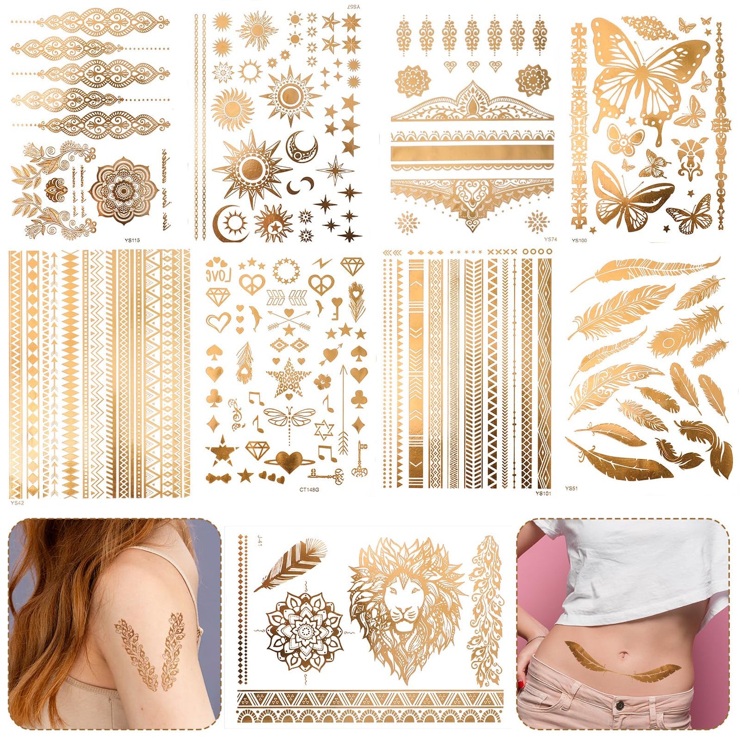 Oruola 9Sheets Gold Temporary Tattoos,110+ Designs Fake Tattoos,Flash Gold Temporary Tattoos Women Adult,Glitter Freckles Face Tattoo for Festival Vacation Makeup Rave,Waterproof, Realistic Last Long