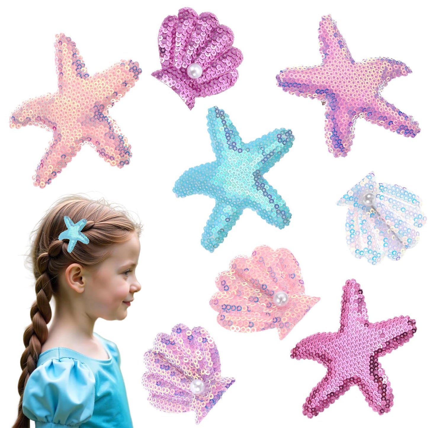 Oruola 8pcs Seashell Starfish Hair Clips,Glitter Starfish Seashell Hair Clip,Multicolor Beach Hair Accessories,Shell Hair Clip with Pearls,Starfish Hair Clip for Women Girls Beach Wedding
