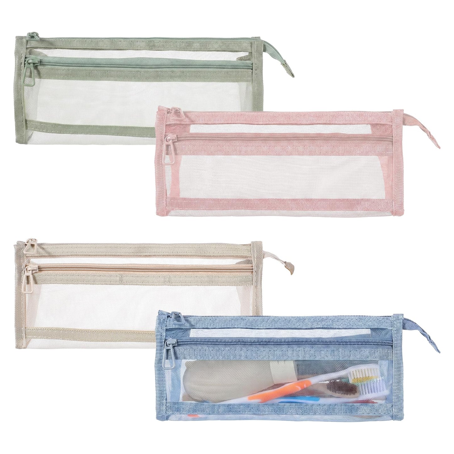 4 Pcs Mesh Pencil Pouch, Nylon & Polyester Mesh Pencil Case with Zipper for Travel, Office & Home Accessories (Blue, Pink, 8.66 x 3.94 x 1.97 in)
