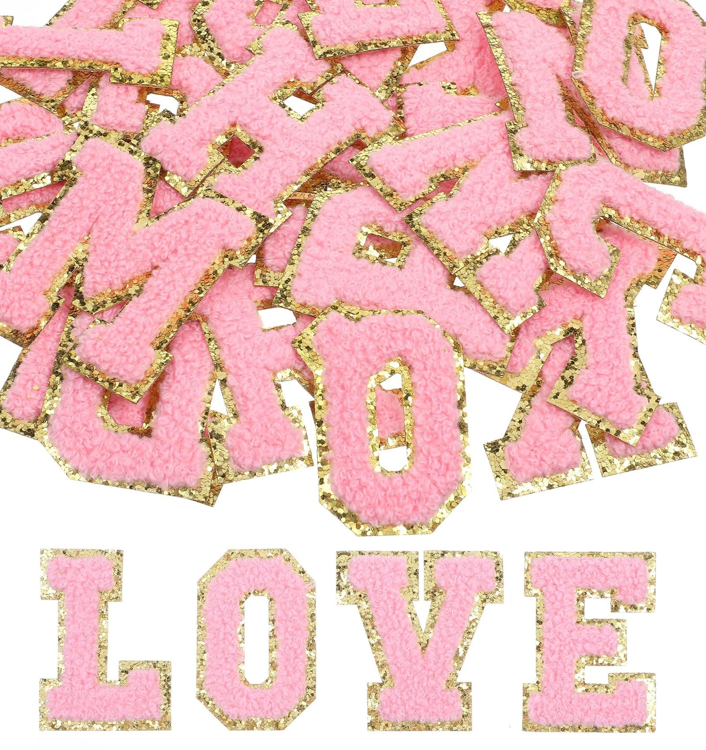 Iron on Letters Pink, 26 Pcs Pink Letters, Chenille Letters Iron On with Gold Trim, Fuzzy Letter Patches, Small Letter Patches for DIY Hats, Backpacks, Jeans, Vest, Coat, Clothing Fabric (A-Z, Pink)