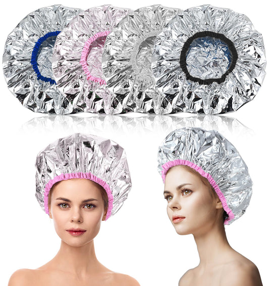 Aluminum Foil Hat, 4Pcs Hair Mask Heating Cap for Deep Conditioning Oil Treatment Reusable & Elastic Shower Cap, Ideal for Coloring Perm Steam Shower Spa Use