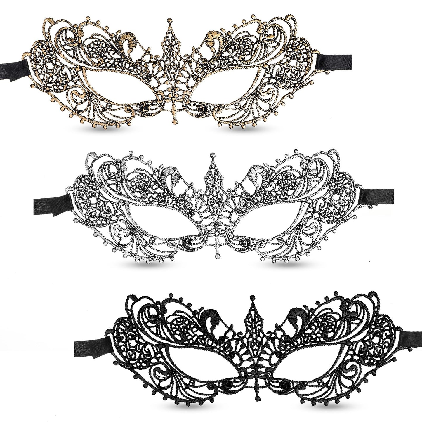Classicseali Pack of 3 Venetian Masks, Lace Venetian Mask for Men and Women, Lace Mask, Masquerade Ball for Halloween, Carnival, Dance (Gold, Silver, Black)
