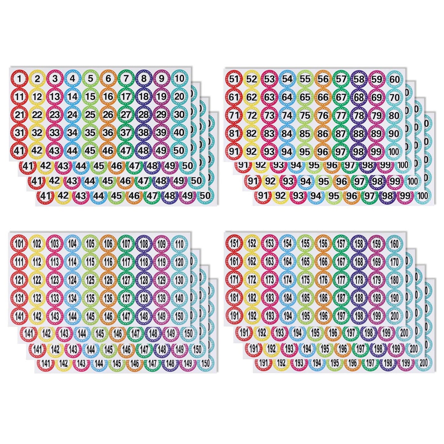 Oruola 16sheets Numbered Stickers,Number Stickers 1-200 (4sets/800 pcs),Round Self Adhesive Number Labels, Self-Adhesive Diameter 1Inch for Home Office Lockers Bins Organizing Classifying,Colorful