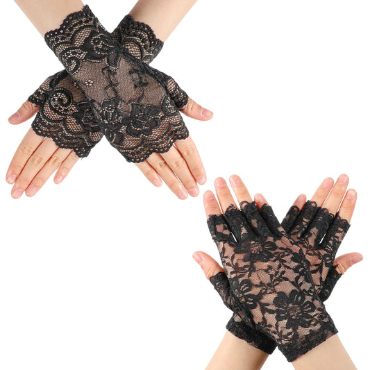 oruola 2pairs Lace Gloves for Women,Short Black Lace Gloves Fingerless for Wedding, Tea Party, Cosplay, Costume, Opera Evening Prom 1920s