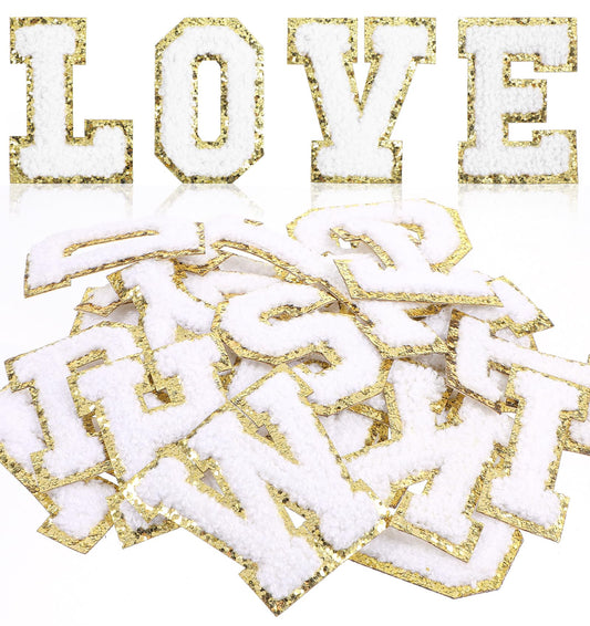 26 Pack White Iron on Letters for Clothes, 5.5 cm Chenille Letter for DIY, Hats, Backpacks, Jeans, Coat, (White, A-Z)