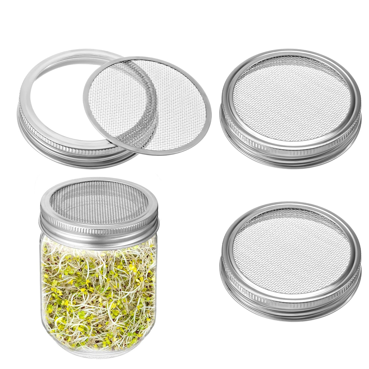 Classicseali 2pcs Sprouting Lids for Mason Jars, 86mm/3.4 In Stainless Steel Mason Jar Sprouting lids, Wide Mouth Sproutings Jar Lid for Growing Bean, Broccoli, Alfalfa, Organic Sprout, Silver
