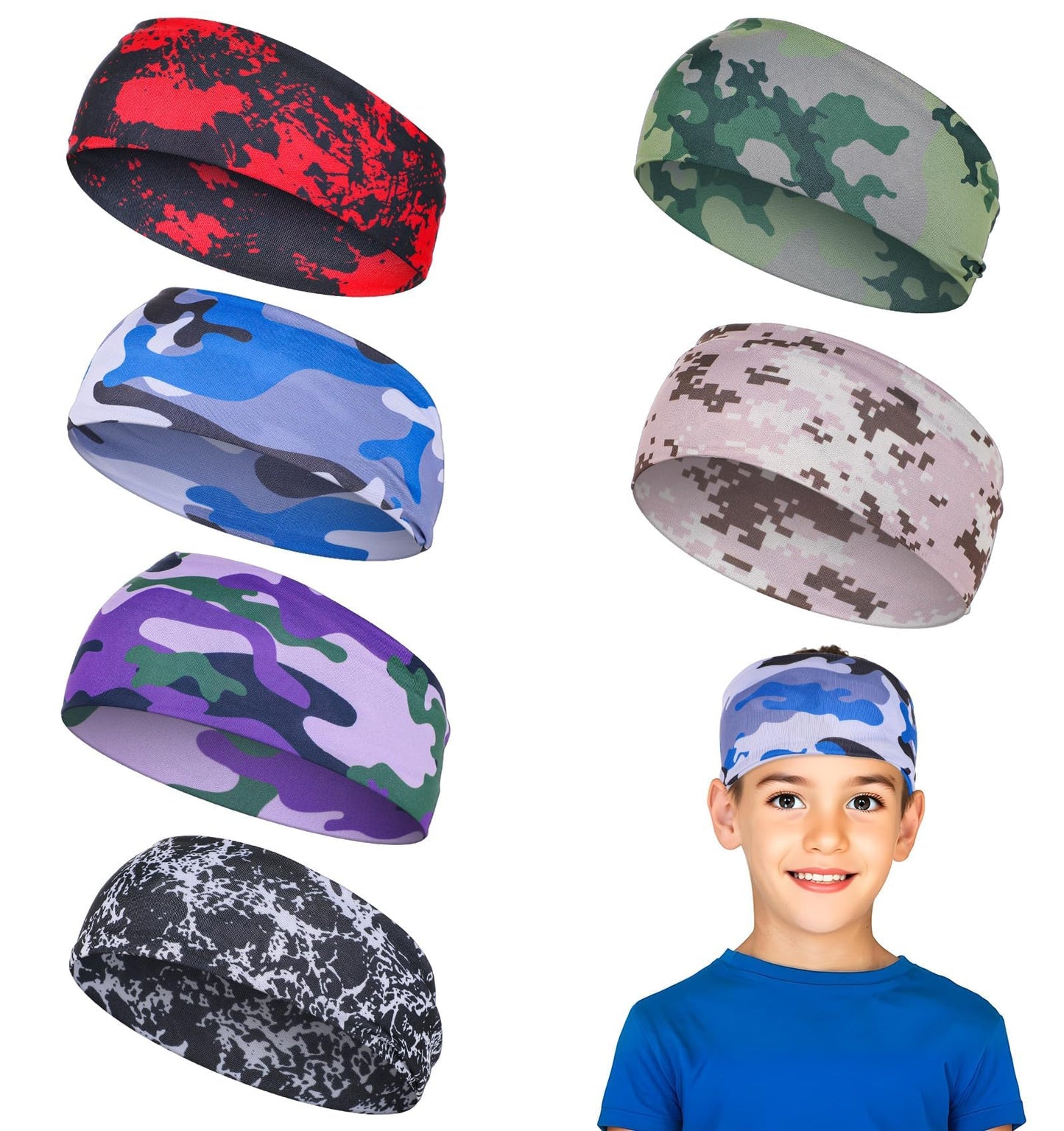 6 Pcs Sports Headbands for Boys, Boys Headbands for Sports, Soccer Headbands for Boys, Sweat Bands for Kids Boys, Basketball Headband for Boys, Elastic Sweatbands for Kids (6 Colors)