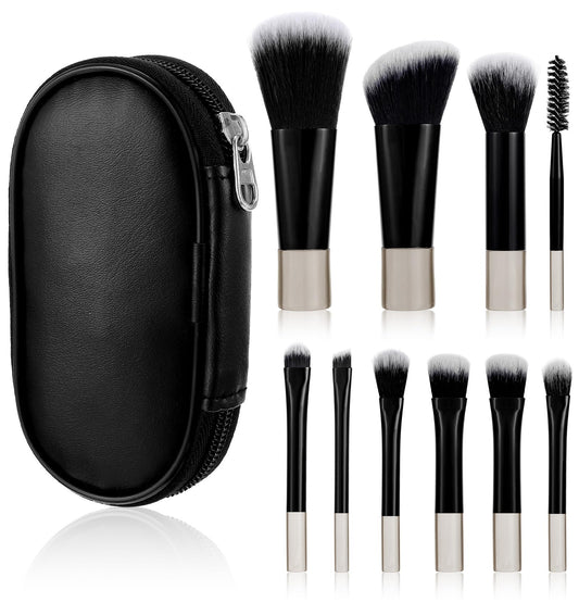 10 Pcs Mini Makeup Brushes, Portable Travel Makeup Brushes with Black Fabric Pouch for Eyeshadow Lipstick Foundation Touch-up, (Black)