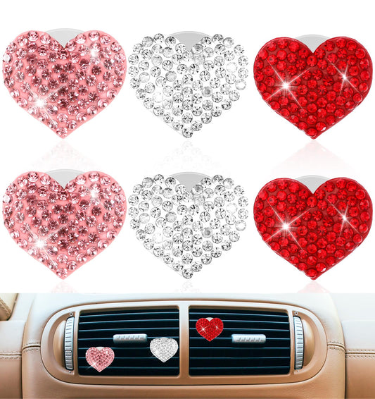 Bling Heart Car Vent Clips, ValueBargain 6 Pcs Heart Car Air Vent Clips Sparkling Bling Crystal Rhinestone Decorative Accessories for Easy Installation and Interior Decor, White Red and Pink