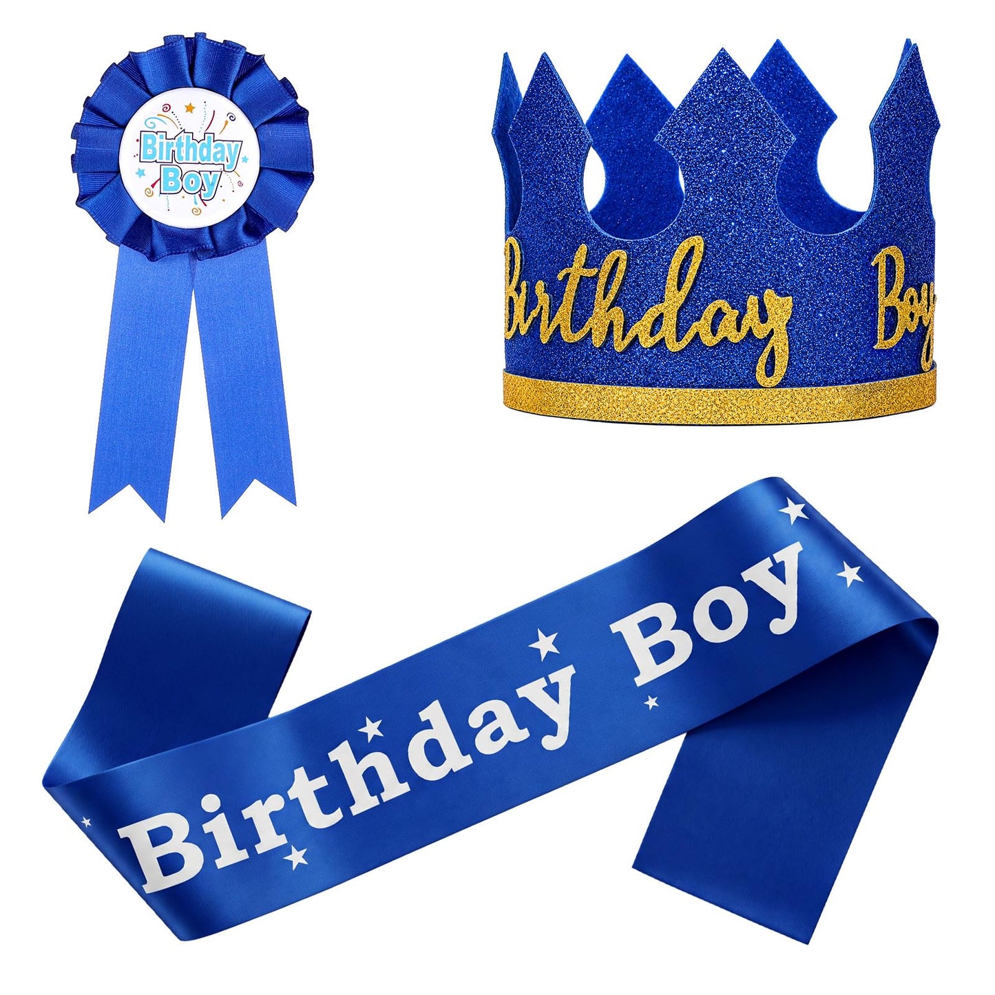 Elegaperma 3pcsn Birthday Boy Crown, Sash & Button Pin