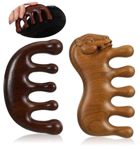 Wooden Massage Comb, 2 Pcs Wood Scalp Massager, Gua Sha Loc Comb for Hair Growth, Women and Men (Horse Shape)