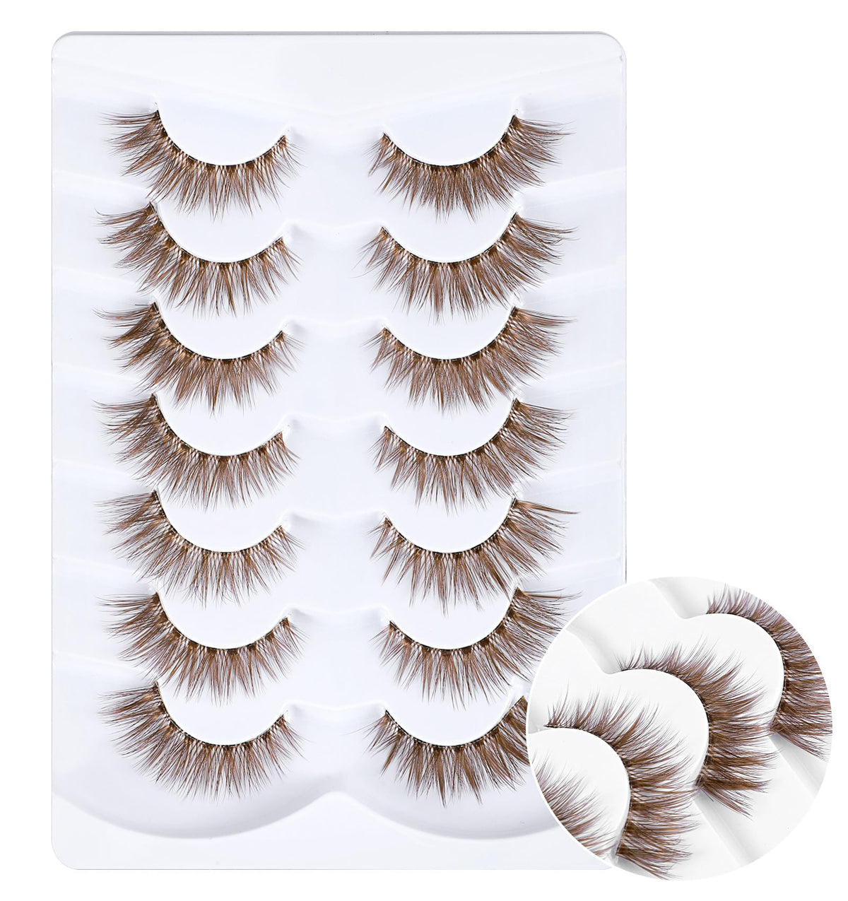 7 Pairs Brown Wispy Lashes, Brown Lash Strips 16mm for Cat Eye Makeup