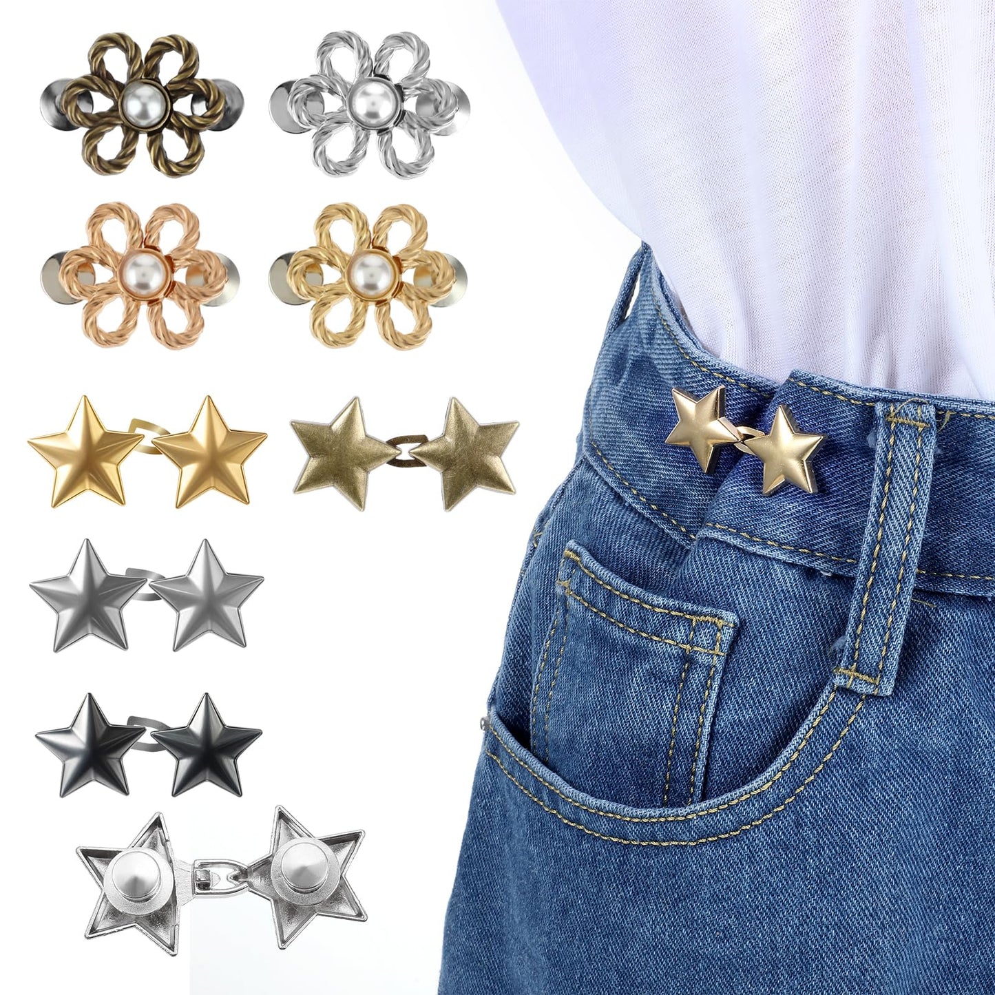 Classicseali Jeans Waist Tightener, 12 Sets Adjustable Waist Tightener for Pants Women, No-Sew Jean Buttons for Loose Jeans, Instant Removable Clips, Metal Button Pins