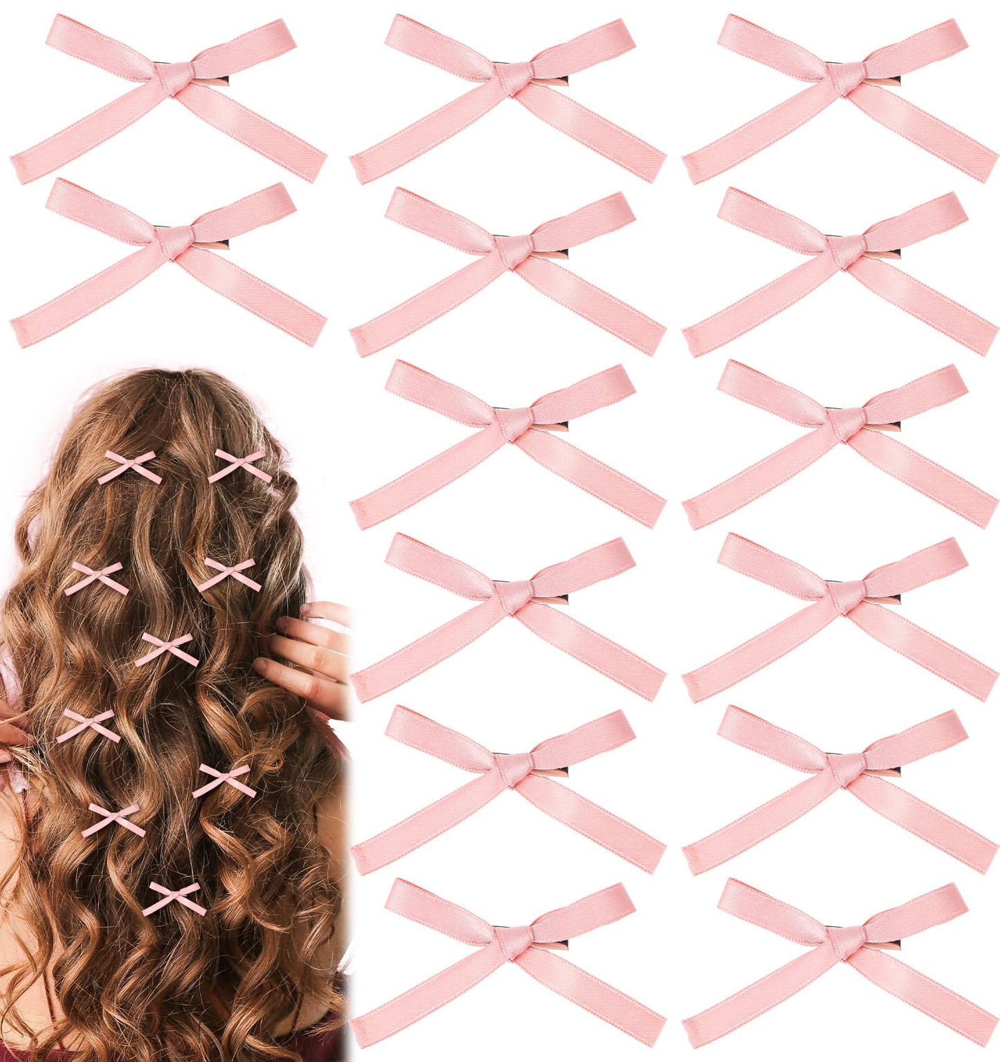 Pink Hair Bow, 12 Pcs Satin Pink Bows for Hair Clips, Cute Accessories for Girls and Women, Wedding, Parties, Birthday, Valentine's Day Gift