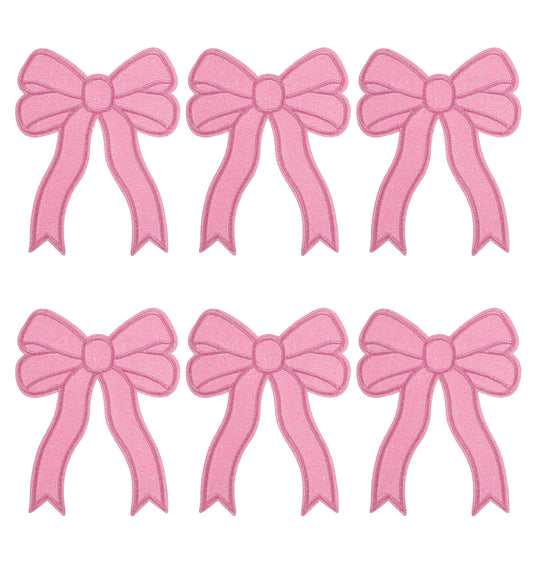 Bow Iron on Patches, 6Pcs Iron on Bow Patches, Embroidered Patch with Fine Shimmer for Girls Women Clothes Backpacks Jackets,Pink