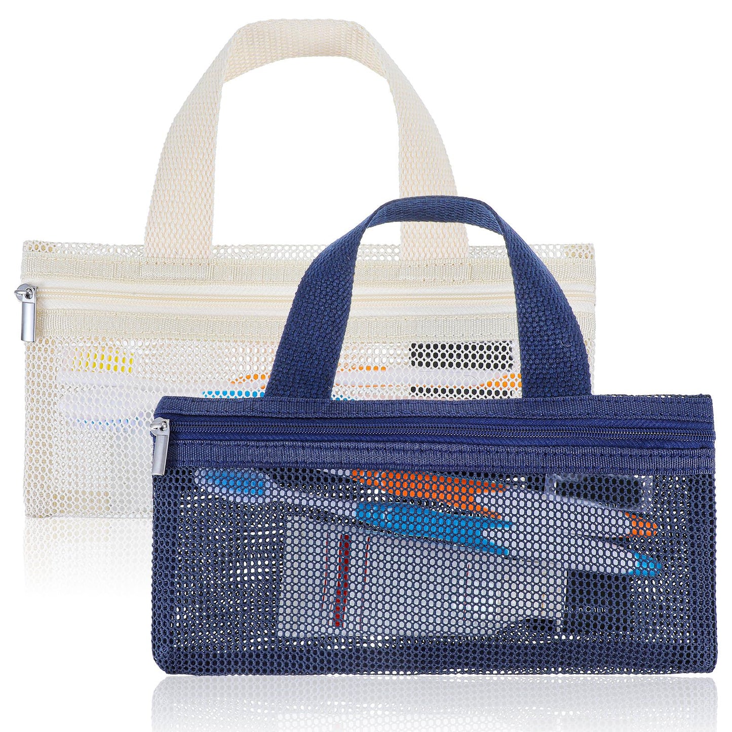 guduling Pack of 2 Mesh Travel Bags, Portable File Pockets, Small Zip Bag Mesh for Men and Women, Transparent Pencil Case with Zip (White, Blue)