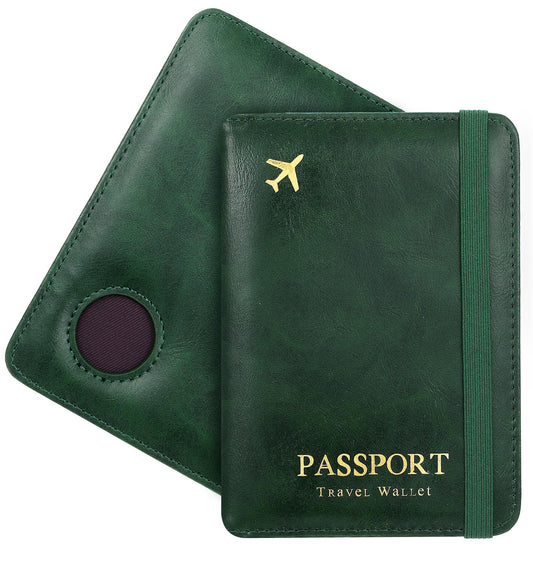 ValueBargain Green Passport Covers, Green Passport Holder with Airtag Slot, Leather RFID-Blocking Case for Men & Family Travel, Anti-Lost Document Organizer